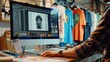 © SSTC AI Photo&Video - A graphic designer working on T-shirt designs using a computer in a creative workspace, surrounded by printed shirts..
