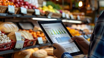 A man using a tablet to analyze sales data in a grocery store, surrounded by fresh produce and baked goods..