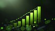 © Natpasit - Green bar graph with an ascending line chart, representing growth and progress, set against a dark background..