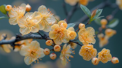 Wall Mural - Delicate Yellow Plum Blossoms on a Spring Branch