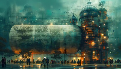 The Document Evolution: From Scrolls to Screens, timeline illustration showing the evolution of document storage and management, digital interfaces and cloud storage