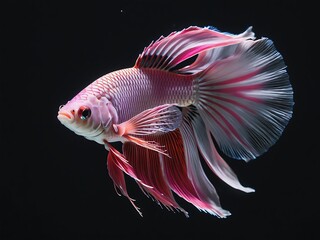 Wall Mural - Elegant pink rose tail betta fish. Beautiful movement of Siamese fighting fish, Betta splendens, Halfmoon Betta isolated on black background.