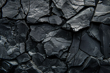 Wall Mural - 
Black rock texture background, abstract dark stone wall of natural black coal and raw iron rocks with a grainy surface. Top view of heavy material for industrial design or decoration in close-up.