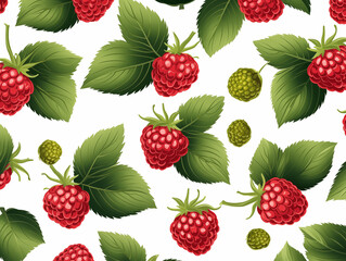 Wall Mural - Abstract vector of seamless berry fruit with green leaves pattern isolated white background, summer greeting,