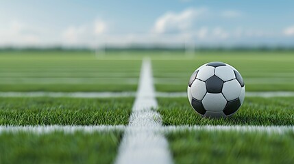 Poster - A soccer ball sits on a green grass field, with white lines marking the pitch and a goal visible in the distance