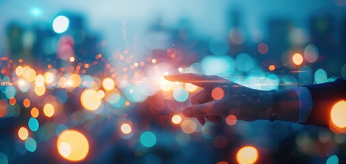 Poster - Hand reaching towards a glowing network of lights in a cityscape background, symbolizing connection, technology, and innovation.