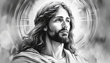 Poster - Sketch Jesus Christ in a calm and peaceful setting, with a gentle halo around his head 