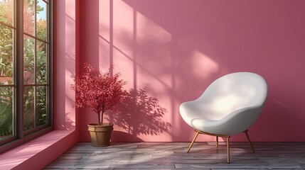 Canvas Print - White Chair In A Room With Pink Walls And Sunlight