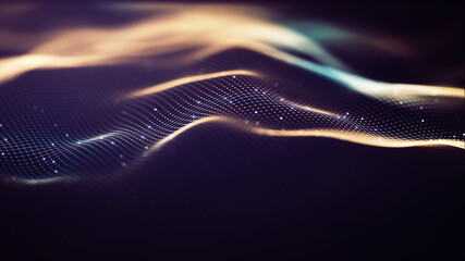 Poster - abstract gradient particle waves continuously flowing with connected dots and lines. orange and blue