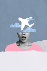 Poster - Vertical photo collage of shocked girl half face aircraft summer flight vacation travel passenger airport isolated on painted background