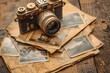 © Siripong - Vintage camera placed on old photographs and maps, evoking nostalgia and historic memories with a rustic wooden background.