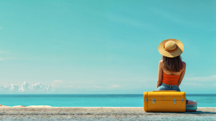 Young woman on summer road trip travel sitting with a travel suitcase. Summer and travel concept.