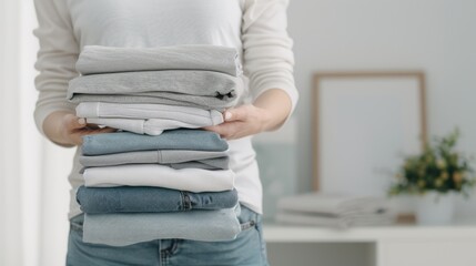 A woman in a white sweater holds a stack of folded, neutral-colored sweaters in front of her