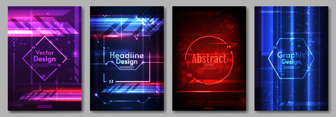 Poster - Vector illustration. Set of posters with dark backdrop and glowing lines and shapes. Tech futuristic design for poster, cover, banner, flyer.