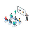 © Trostinka_25 - isometric vector business people at a presentation or course, in color on a white background, office work or business training