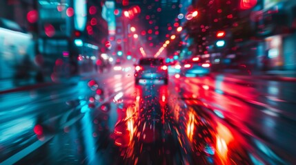 Canvas Print - A blurry image of a car driving down a wet street with bright lights reflecting