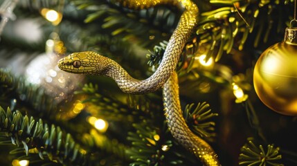 New Year's Christmas tree with Christmas ball with golden snake