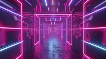 Poster - Bright neon tunnel with rotating square frames, seamless 3D animation, abstract design