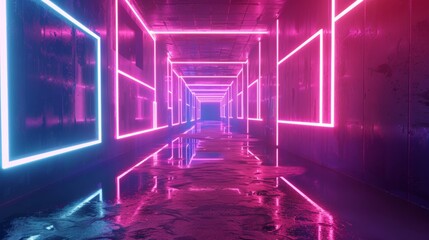 Aufkleber - Bright neon tunnel with rotating square frames, seamless 3D animation, abstract design