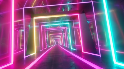 Aufkleber - Looped 3D animation of neon tunnel with rotating square frames, vibrant colors, abstract background