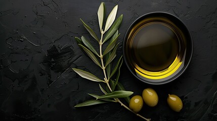 Canvas Print - Olive Oil, Branches and Olives on Black Background