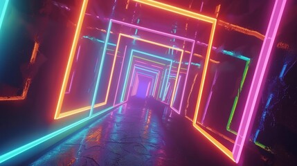 Aufkleber - Seamless looped 3D animation of neon tunnel with rotating square frames, colorful abstract background