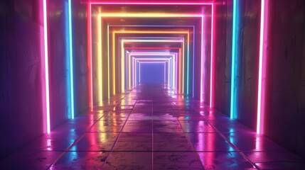 Aufkleber - Seamless looped 3D animation of neon tunnel with rotating square frames, colorful abstract background
