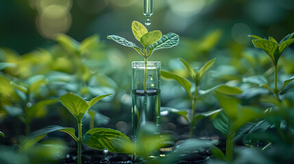 Wall Mural - plant science laboratory research, biological chemistry test, green nature organic leaf experiment in test tube, scientist working in chemical medicine biotechnology or medical ecology lab technology