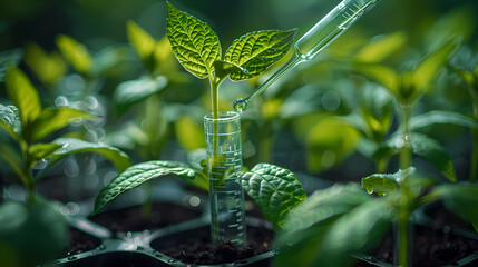 plant science laboratory research, biological chemistry test, green nature organic leaf experiment in test tube, scientist working in chemical medicine biotechnology or medical ecology lab technology