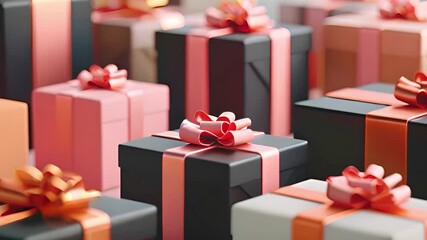 Poster - A close-up image of several gift boxes wrapped in different colors, featuring prominent pink ribbons.