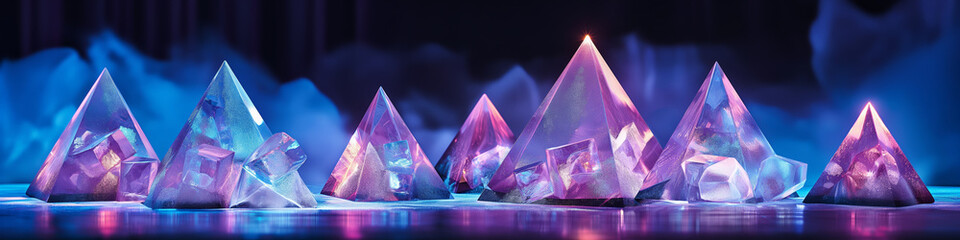 Poster - Vibrant Illuminated Crystal Pyramids in a Hypnotic Fantasy Landscape