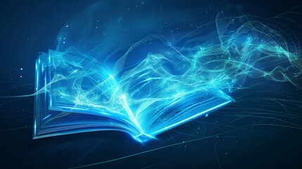 Wall Mural - An open book emits glowing blue light and ethereal trails, creating a magical, otherworldly atmosphere.