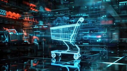 Digital shopping cart in a futuristic interface representing online shopping, e-commerce technology, and virtual retail experience.