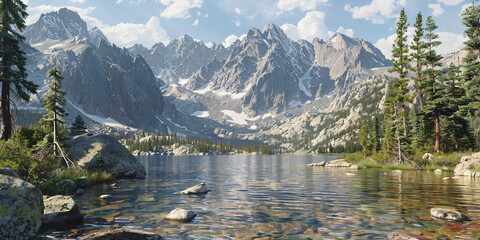 Wall Mural - Majestic Alpine Mountain Scene: Tranquil Lake and Rugged Peaks in Pristine Natural Landscape for Adventure and Nature Projects