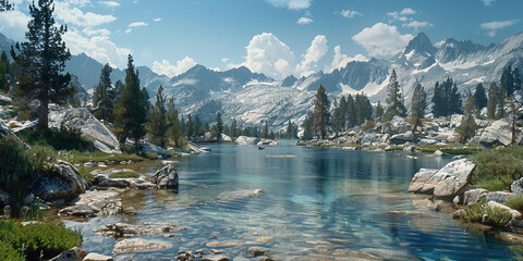 Wall Mural - Majestic Alpine Mountain Scene: Tranquil Lake and Rugged Peaks in Pristine Natural Landscape for Adventure and Nature Projects