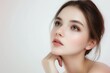 © QuietWord - close up face portrait of young pretty woman grey eyes with bright flawless clean clear skin, beauty cosmetic or skincare fashion portrait with copy space