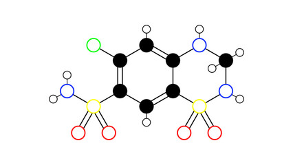 Wall Mural - hydrochlorothiazide molecule, structural chemical formula, ball-and-stick model, isolated image hydrodiuril