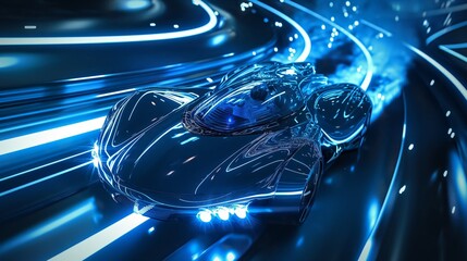 Wall Mural - A sleek, futuristic car speeds along a neon-lit track, emitting blue light trails. The scene is dynamic and vibrant, showcasing advanced technology and high-speed motion.