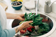 © Ilona - An unrecognizable woman washes greens and vegetables under tap water in the kitchen sink.