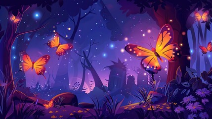 Poster - Magical Forest Night with Butterflies