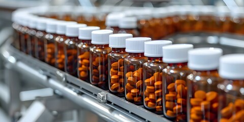 Sticker - Pill bottles moving on conveyor belt in pharmaceutical manufacturing facility. Concept Pharmaceutical Manufacturing, Conveyor Belt, Pill Bottles, Efficiency, Quality Control