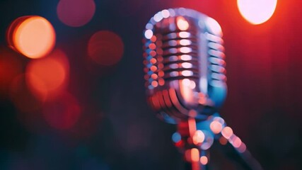 Poster - This silver microphone on a stand in front of a stage with red and blue lights.