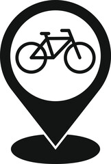 Poster - black icon of a map pin with a bicycle inside, representing a bike path, rental, or other bicycle re