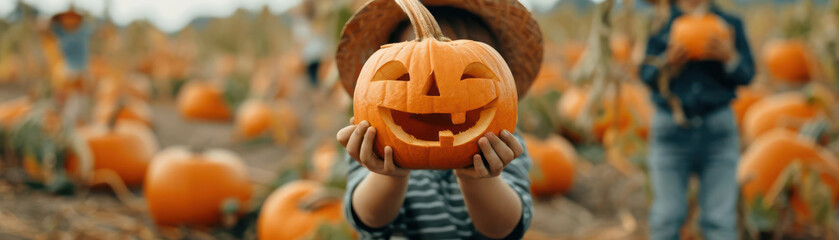 friends at a pumpkin patch, holding up their carved pumpkins and posing for a fun and shareable vira