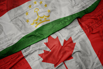 Canvas Print - waving colorful flag of tajikistan and national flag of canada on the dollar money background. finance concept.
