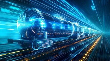 Wall Mural - A sleek, futuristic train speeds through a tunnel, illuminated by vibrant blue and orange lights, creating a sense of rapid motion and advanced technology.