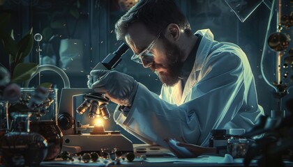 Poster - A scientist is deeply engrossed in examining a specimen under a microscope in a modern laboratory setting AIG58