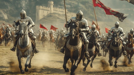 Wall Mural - A group of knights in full armor ride their horses towards the camera, charging into a battle with a medieval castle in the background