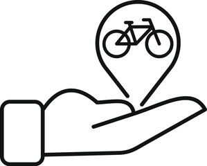 Poster - open hand holding a location pin with a bicycle inside, concept of bike sharing service