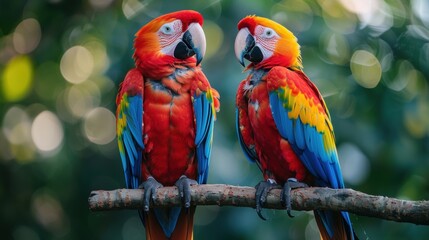 A pair of colorful macaws perched together on a branch, their vibrant feathers standing out against the green foliage.